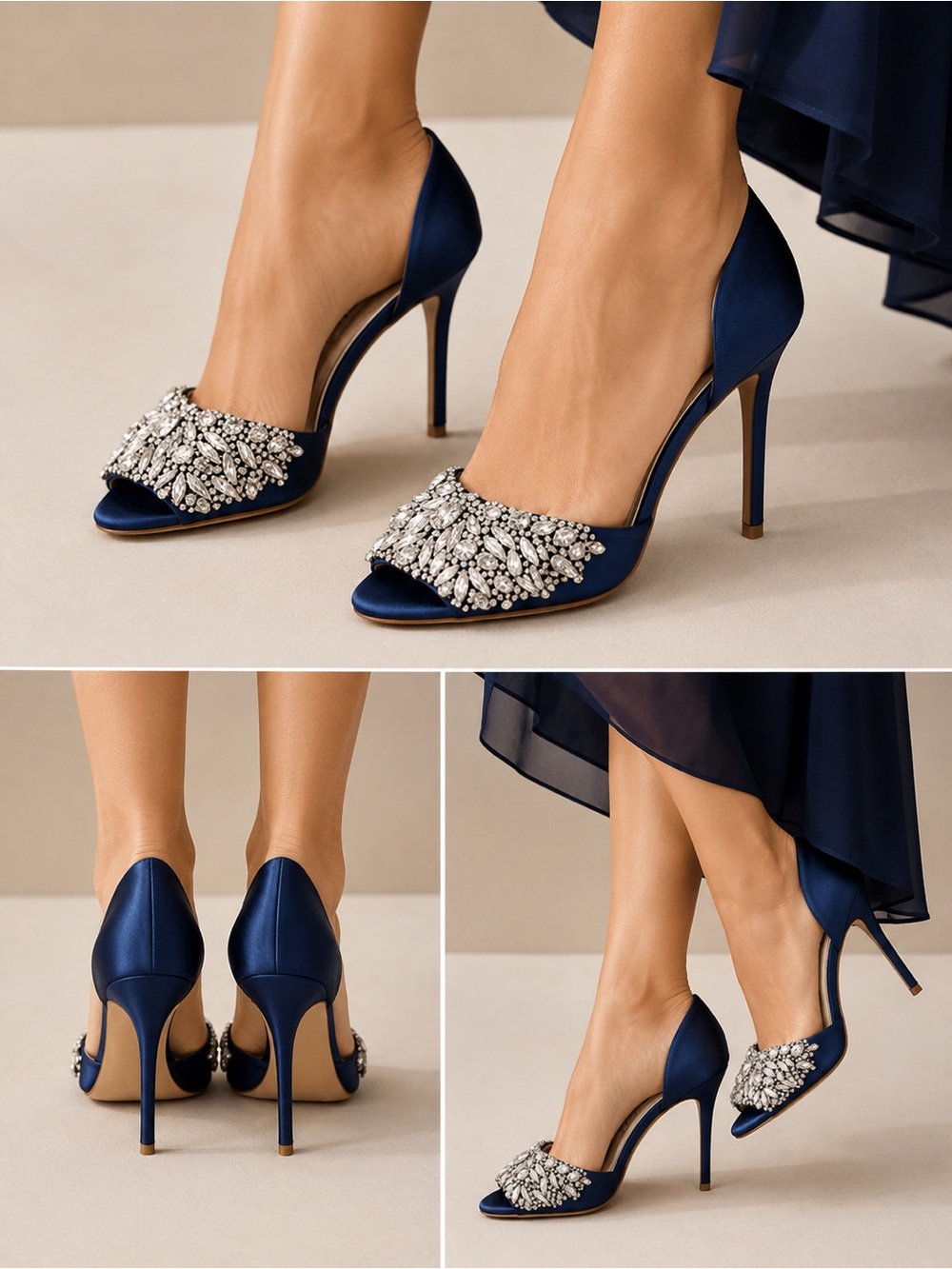 Badgley Mischka Navy Satin Crystal Peep-Toe Pumps
